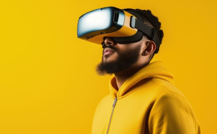 Mann mit einer Virtual Reality Brille auf.