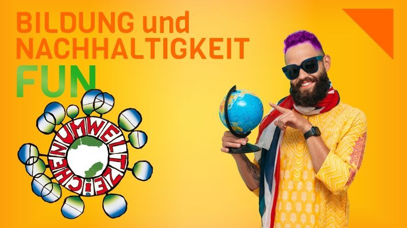 Mann mit Vollbart, violetten Harr, einer Sonnenbrille und buntem Schall  . Slogan: Bildung und Nachhaltigkeit  FUN 