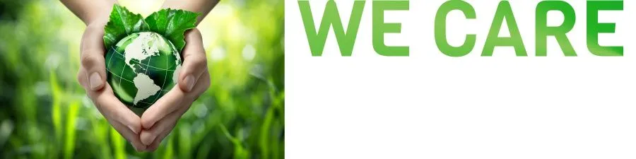 WE CARE (Bild zeigt zwei Hände die eine grüne Weltkugel mit Blätter tragen)