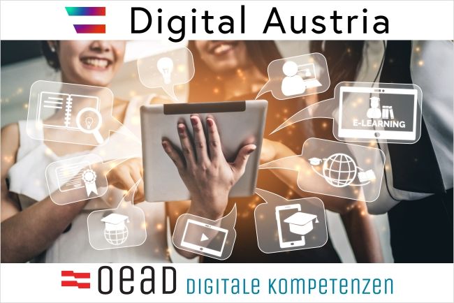 Digital Austria: Frau mit Tablet. Fliegende Symbole des Internets