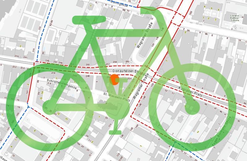Stadtplan mit eingezeichneten Radwegen und einem gezeichneten Fahrrad im Vordergrund